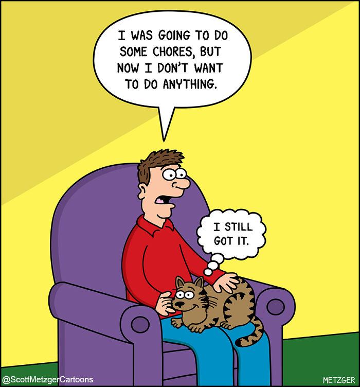Man in red shirt sitting with cat on his lap, sharing a home with cats and dogs in a comic style.