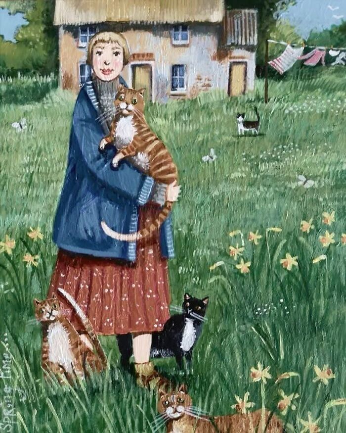 Folk-style cat-themed artwork showing a woman holding a cat surrounded by multiple cats in a garden setting.