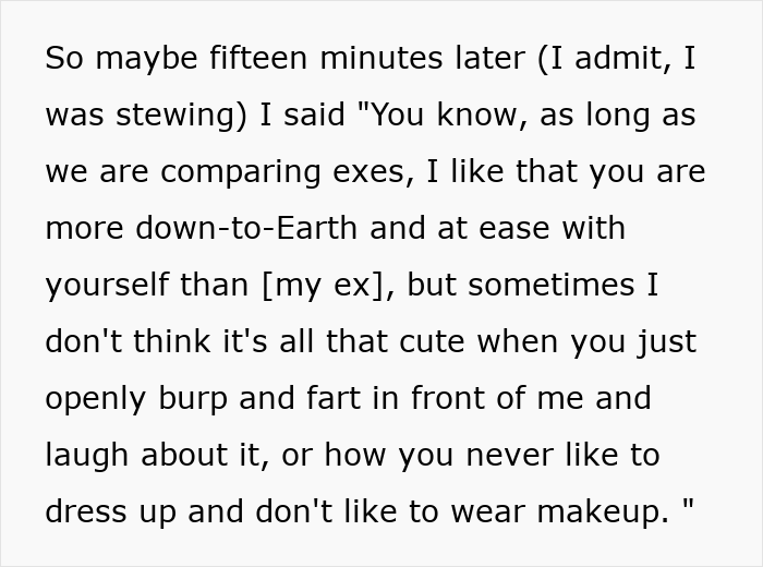 Text message about comparing exes, discussing manly traits, burping and farting habits, and relationship drama clapping back.