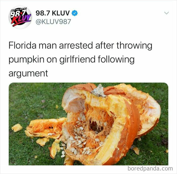 Tweet about a Florida man arrested for throwing a pumpkin during an argument, illustrating unhinged news headlines in America.