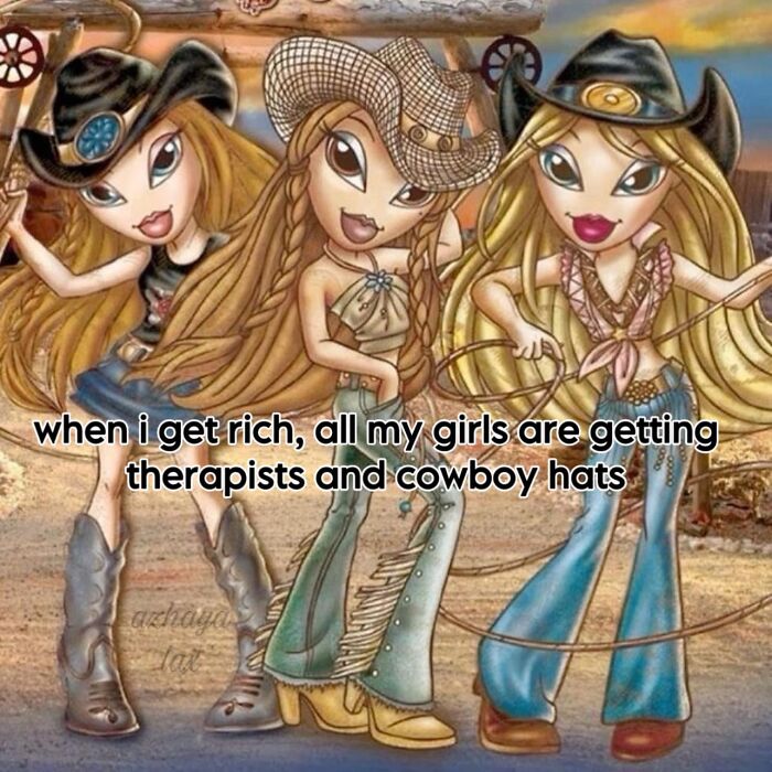 Three cartoon girls wearing cowboy hats and boots with text about getting therapists and cowboy hats, a hilarious meme.