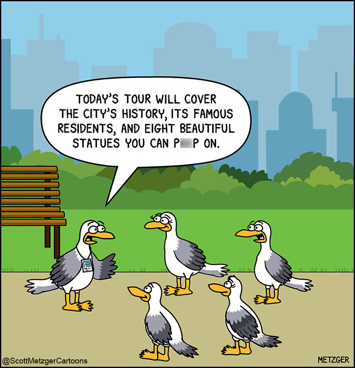 Comic showing birds on a city tour humorously illustrating challenges of sharing a home with cats and dogs.