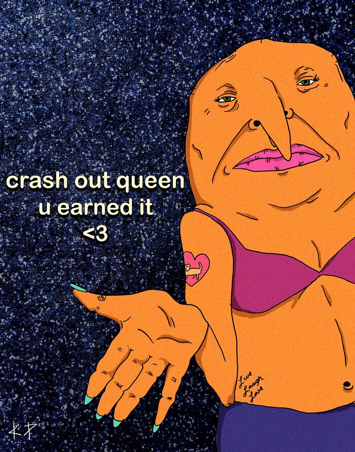 Illustration of a quirky character in a purple top with text crash out queen u earned it, funny meme humor concept.