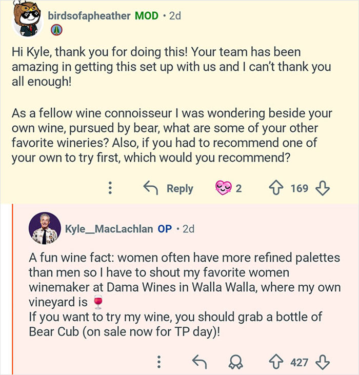 Reddit conversation featuring Kyle MacLachlan discussing wine and wineries related to Twin Peaks.