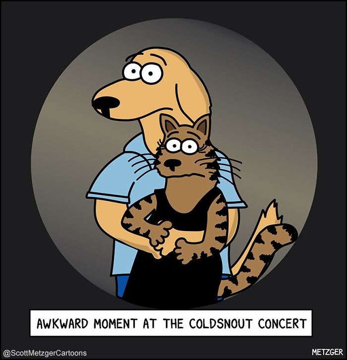 Cartoon of a cat and dog standing awkwardly together, capturing the experience of sharing a home with cats and dogs.