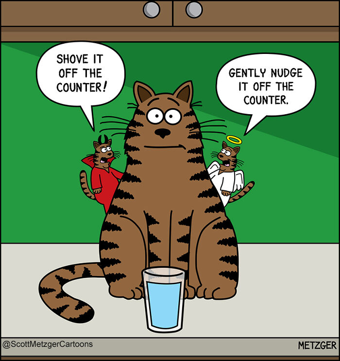Cartoon cat with devil and angel versions debating how to remove a glass from the counter, illustrating life with cats.