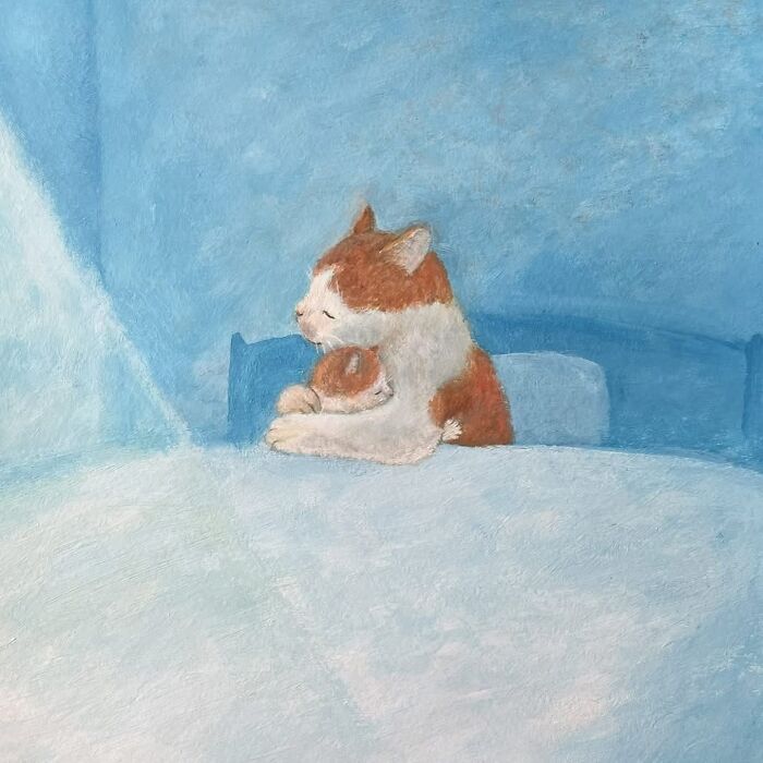 Painting of a cat hugging a smaller cat on a bed, a soft and calming example of cat-themed artworks throughout history.