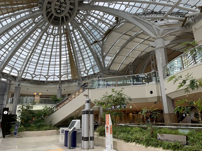 Indoor atrium with glass dome ceiling, plants, escalator, and seating area showcasing modern architecture and design.