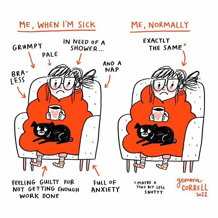 Comic illustration showing a woman with a pug, humorously depicting pug owners' relatable emotions and daily habits.