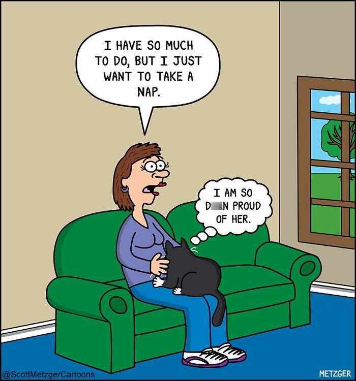 Woman on green couch with cat on her lap, sharing a relatable moment about life with cats and dogs at home.