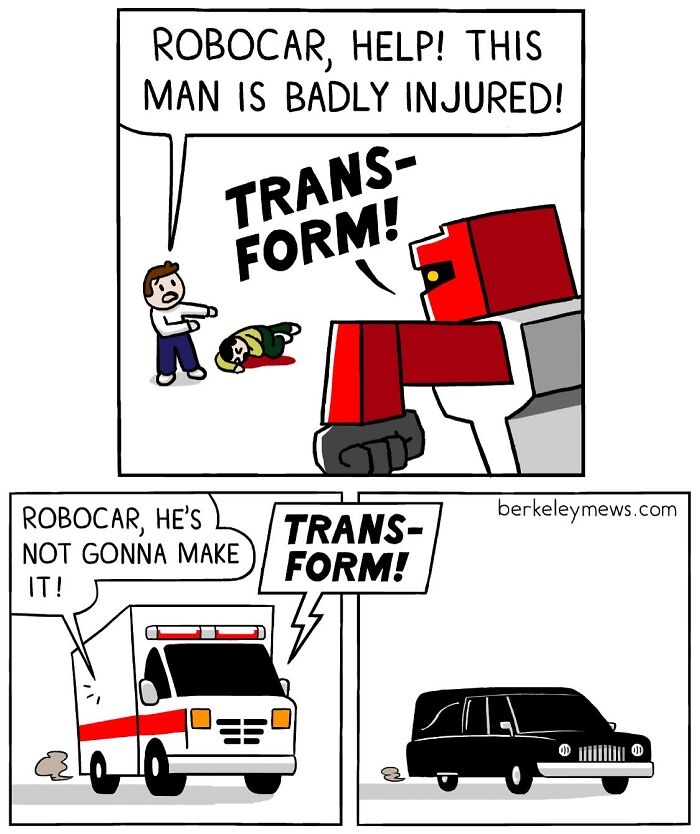 Darkly funny comic by Ben Zaehringer showing transforming robocar and ambulance in a tense rescue scene.
