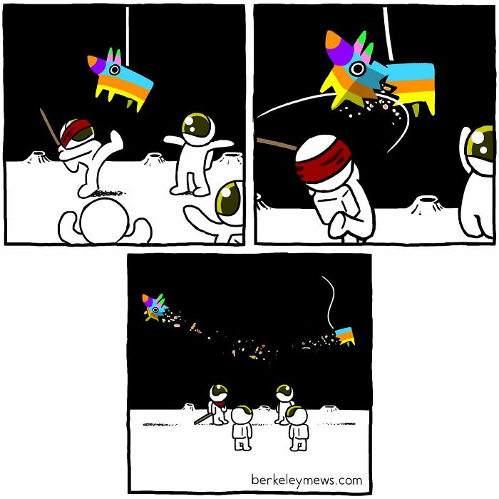 Three astronauts hitting a colorful piñata on the moon in a darkly funny comic by Ben Zaehringer.