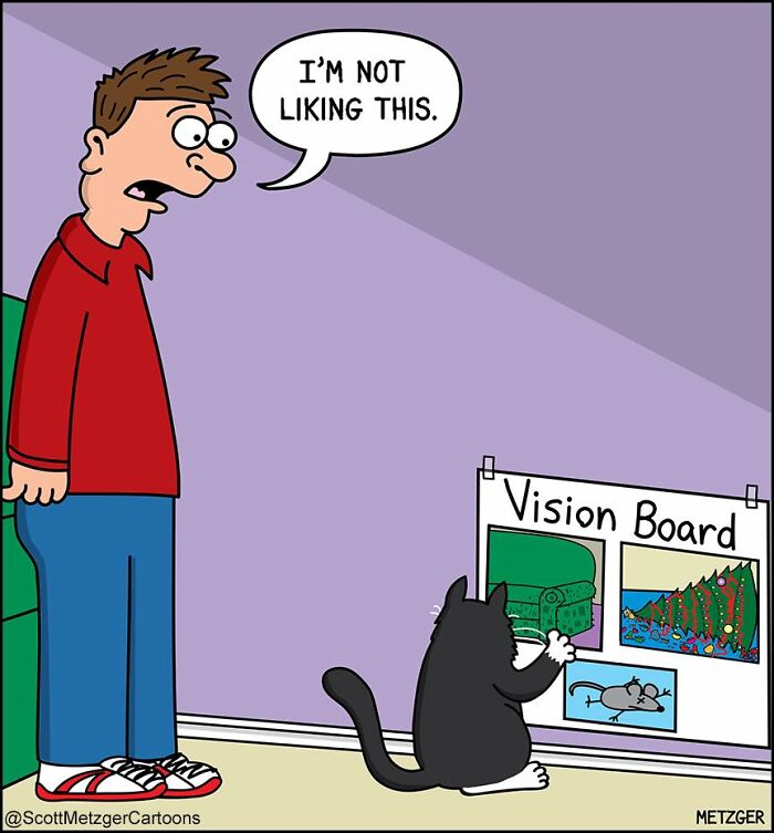 Cartoon showing a man and a cat beside a vision board, humorously illustrating sharing a home with cats and dogs.