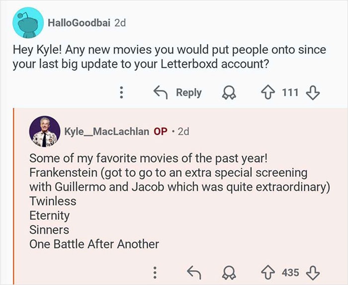 Screenshot of Kyle MacLachlan from Twin Peaks answering fans' questions about his favorite recent movies online.