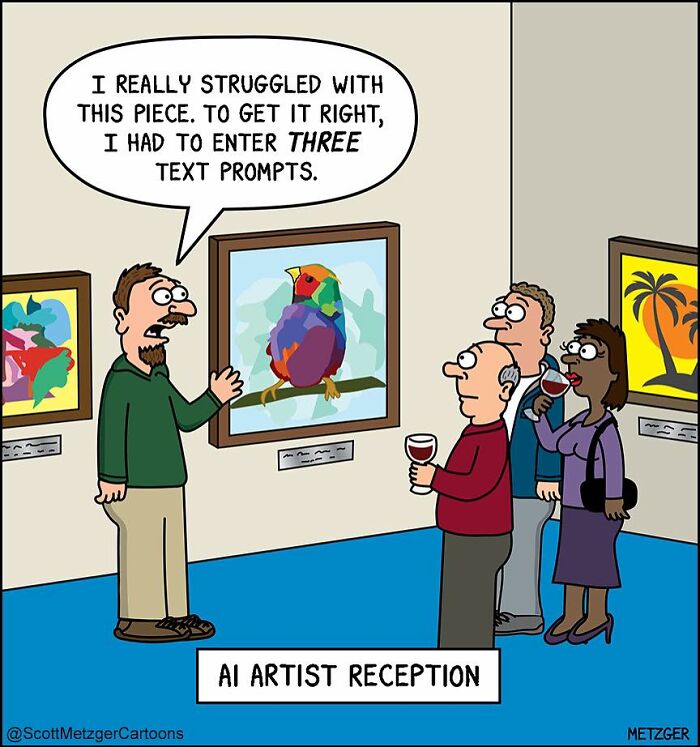 Cartoon showing an AI artist struggling with a piece at a reception, humorously illustrating sharing a home with cats and dogs.