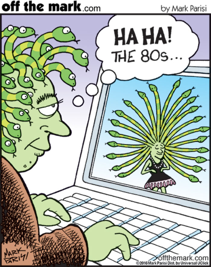 Green Medusa character using laptop, viewing a retro version on screen, comic about technology and internet life.