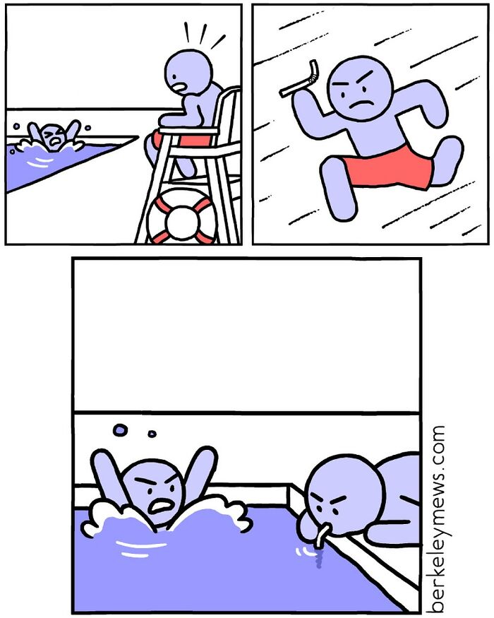 Comic panels by Ben Zaehringer showing darkly funny twists with lifeguard and swimmer at pool scene.