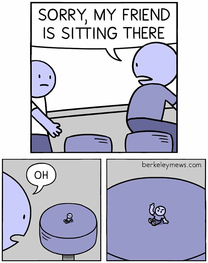 Darkly funny comic by Ben Zaehringer shows a tiny figure sitting on a stool, with a humorous twist on friendship.