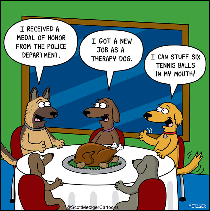 Cartoon dogs sharing funny stories around a table, illustrating life sharing a home with cats and dogs.