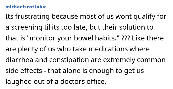 User comment discussing challenges in recognizing commonly ignored colorectal cancer symptoms due to medication side effects.