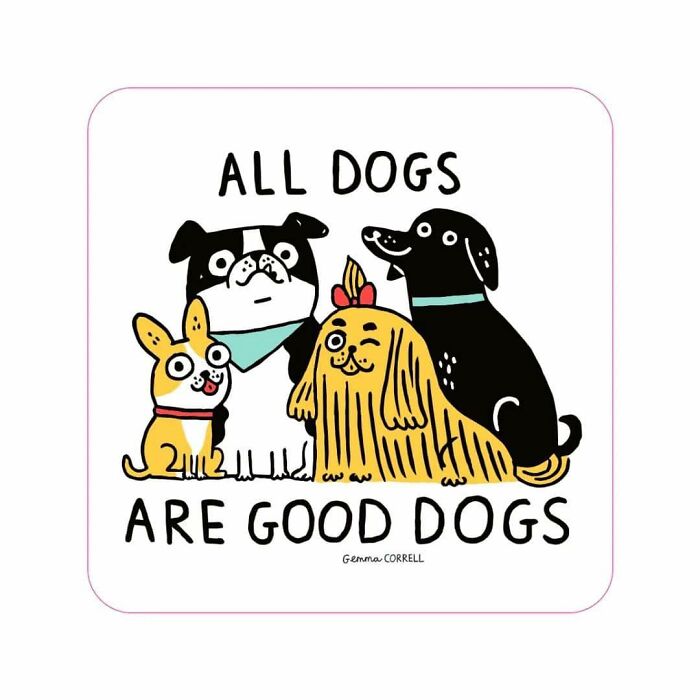 Illustration of four cartoon dogs with text emphasizing pug owners and dog lover traits in a comic style.