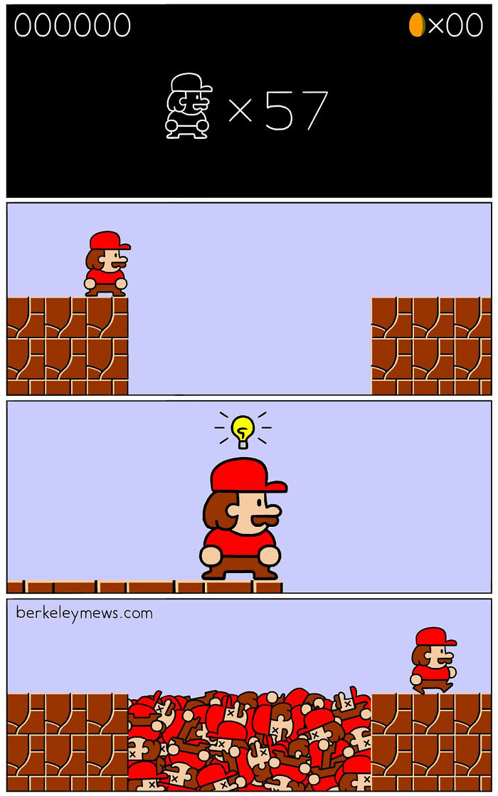 Comic strip depicting a darkly funny twist with video game characters by Ben Zaehringer in a simple cartoon style.