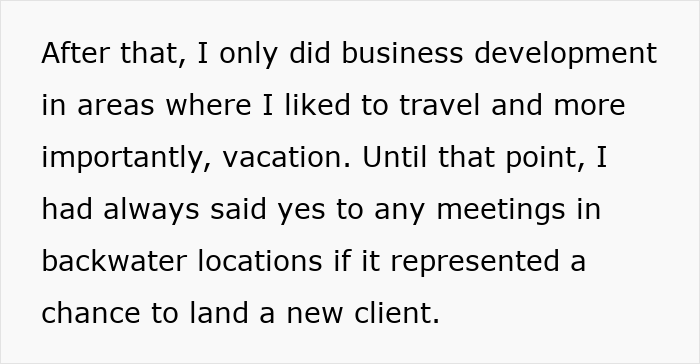 Text excerpt about business development and client meetings representing a top employee delivering record results in challenging locations.