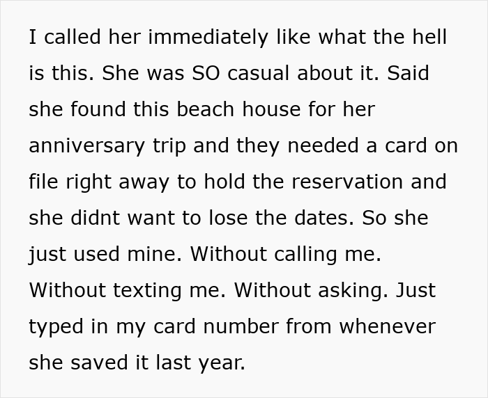Text excerpt describing a cousin card fraud incident involving unauthorized use of credit card for a vacation rental reservation.