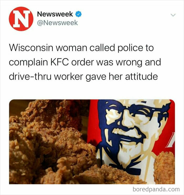 Tweet from Newsweek about a Wisconsin woman calling police over a KFC order, illustrating unhinged news headlines in America.