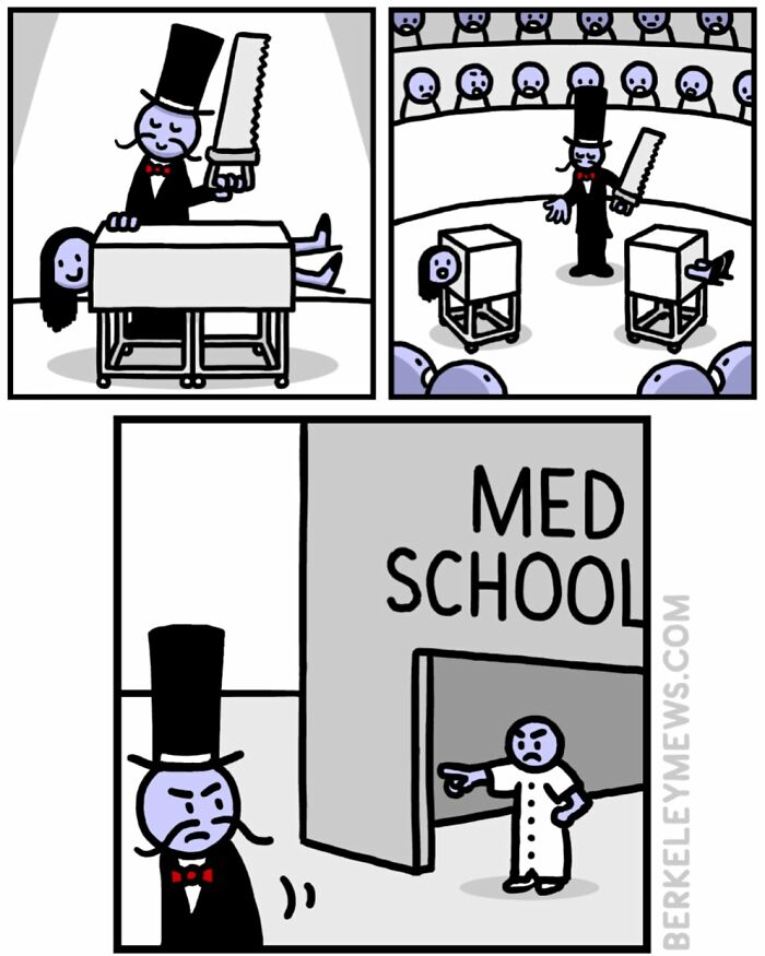 Comic panels showing a magician performing a saw trick taking a darkly funny turn in Ben Zaehringer’s comic style.