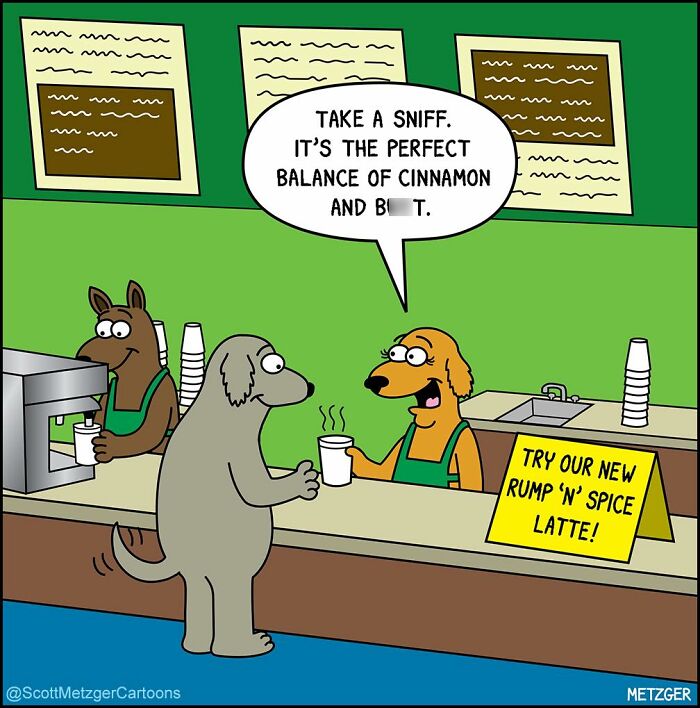 Cartoon dogs working in a coffee shop serving a humorous rump 'n' spice latte, showing life with cats and dogs.