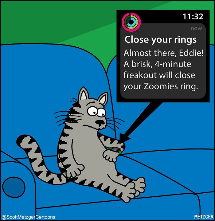 Cartoon cat on a blue couch checking a smartwatch notification about closing Zoomies ring in a homes with cats and dogs scene.