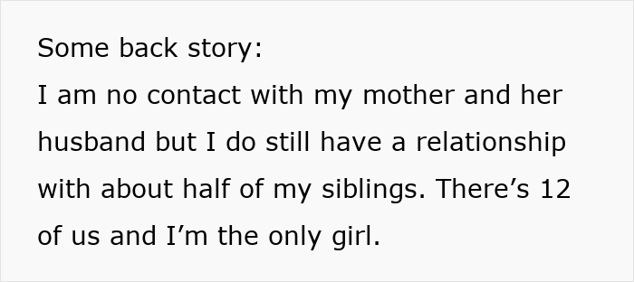 Text excerpt from estranged sister sharing her family story, revealing insights about family patriarch and siblings' marriages collapsing.