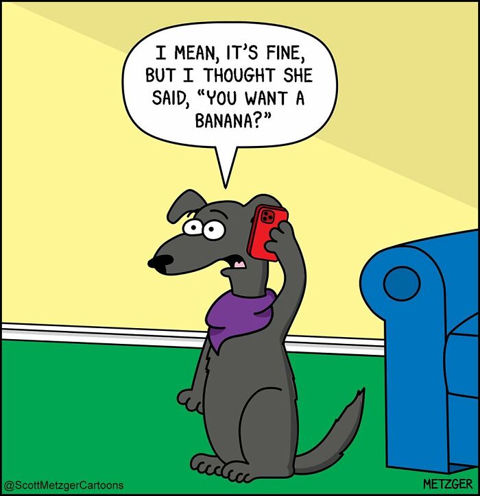 Cartoon dog talking on phone, humorously illustrating life sharing a home with cats and dogs in a comic style.