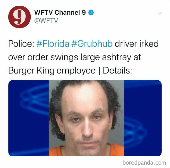 Mugshot of a man involved in an incident with a Grubhub driver swinging an ashtray at Burger King employee.