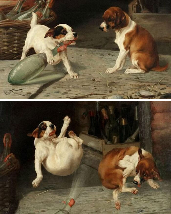 Two dogs interacting near old glass bottles, captured in a vintage painting style featured in museum of artifacts.