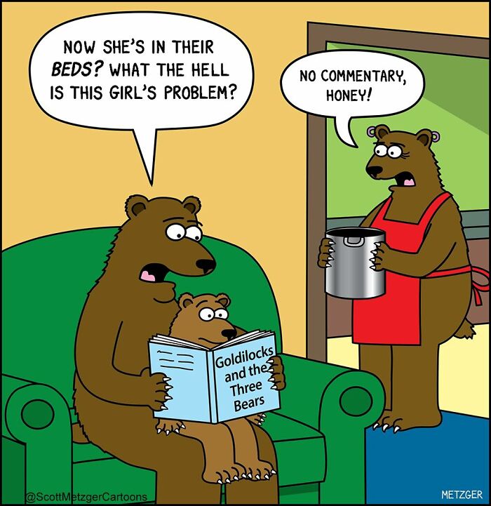 Cartoon bears discussing pets sharing beds, highlighting funny moments of sharing a home with cats and dogs.