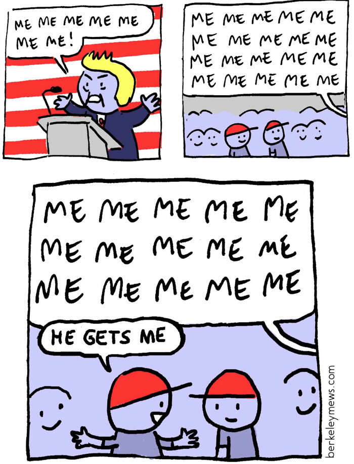 Comic by Ben Zaehringer showing darkly funny political cartoon with repetitive "me" speech and audience reaction.