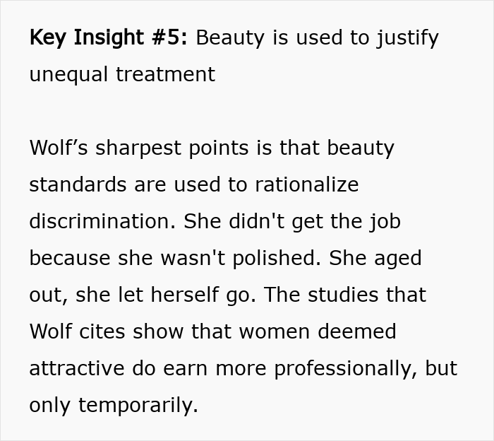 Text excerpt highlighting how beauty standards are used against women to justify unequal treatment and discrimination. Text excerpt highlighting how beauty standards are used against women to justify unequal treatment and discrimination.