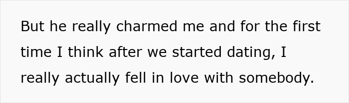 Text on white background expressing falling in love for the first time after a boyfriend breakup and new grandma drama.