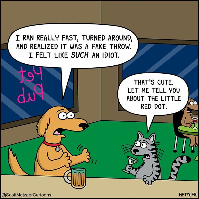 Comic showing a dog and cat sharing a home, humorously discussing pet behaviors in a bar setting.