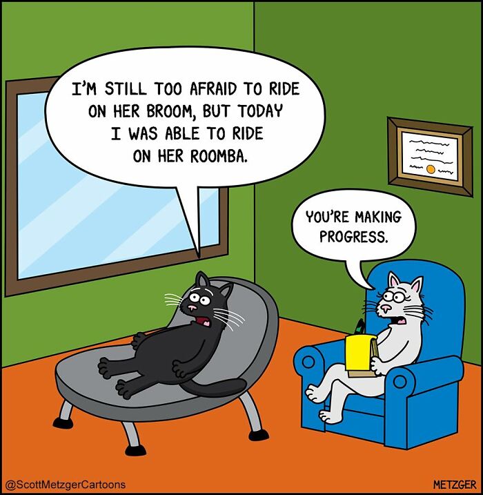 Cat and dog comic showing humorous therapy session about riding a Roomba while sharing a home with pets.
