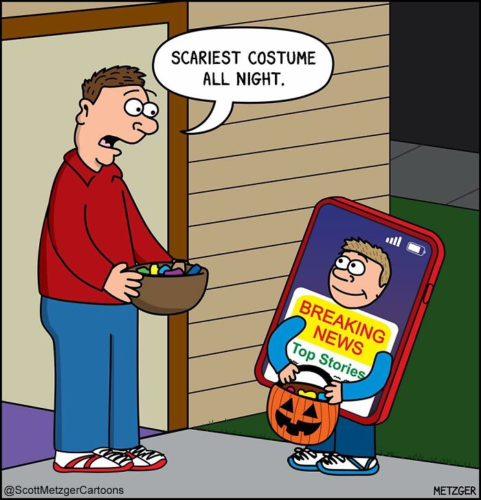 Cartoon showing a humorous comic about sharing a home with cats and dogs, featuring a Halloween costume joke.