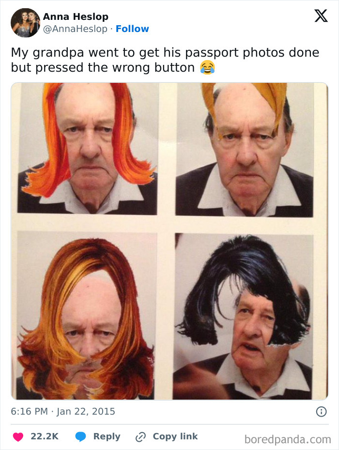 Elderly man accidentally adds funny wig filters to passport photos, showing boomers failing miserably with technology.