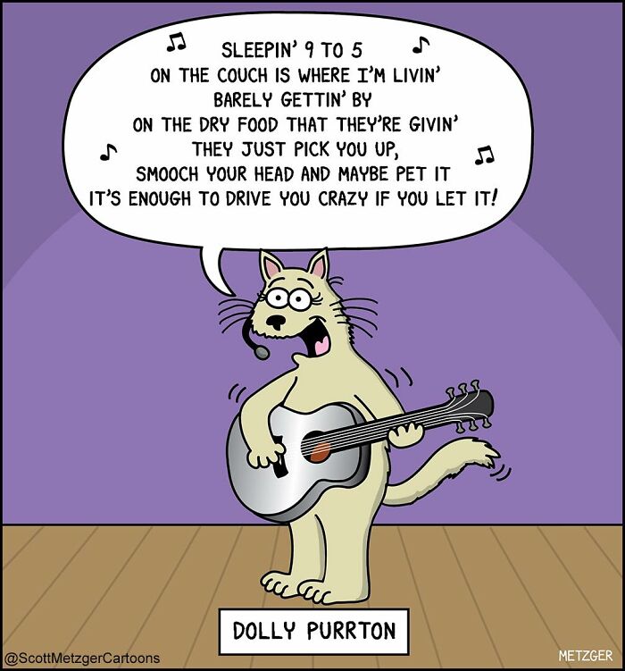 Cat cartoon character playing guitar, humorously depicting life sharing a home with cats and dogs.