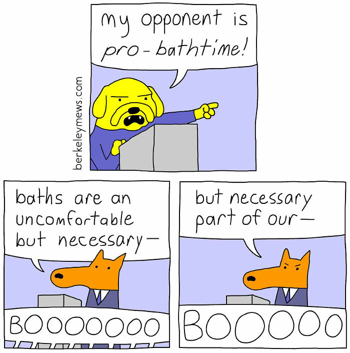 Comic strip featuring animals debating bath time, showcasing darkly funny comics by Ben Zaehringer in a simple style.