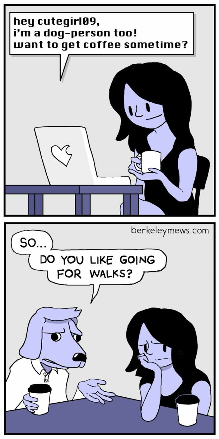 Comic panels by Ben Zaehringer showing darkly funny situations with a woman and an anthropomorphic dog character.