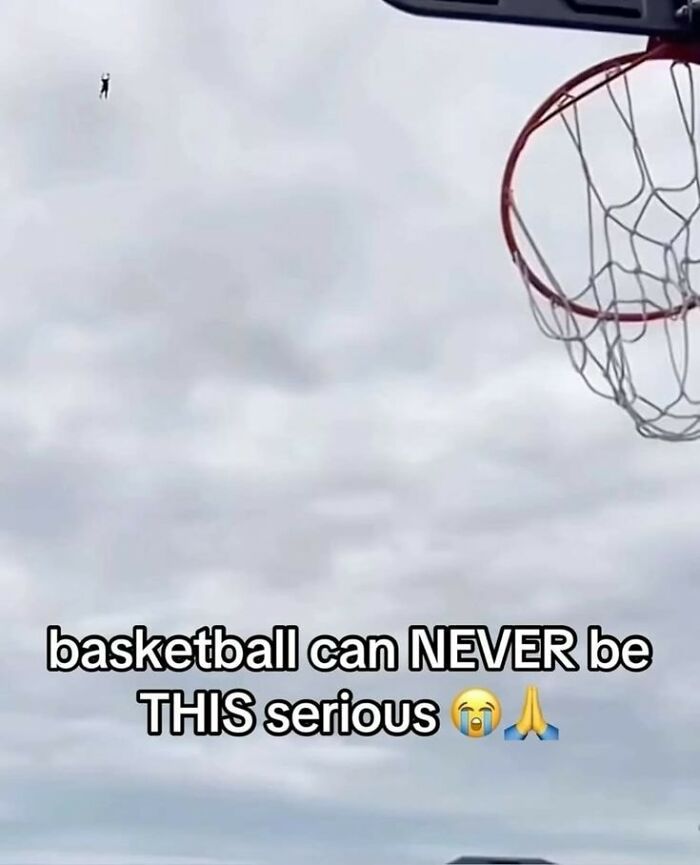 Basketball hoop with a tiny player falling from the sky, featuring a hilarious meme with a hint of cynicism.