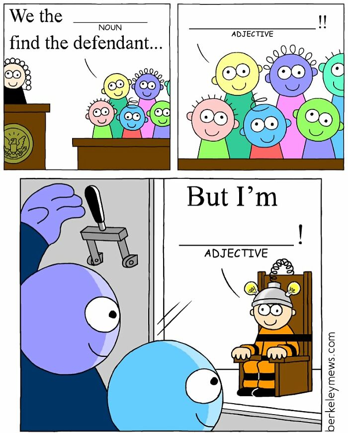 Colorful comic panels by Ben Zaehringer feature playful characters with darkly funny courtroom and electric chair scenes.