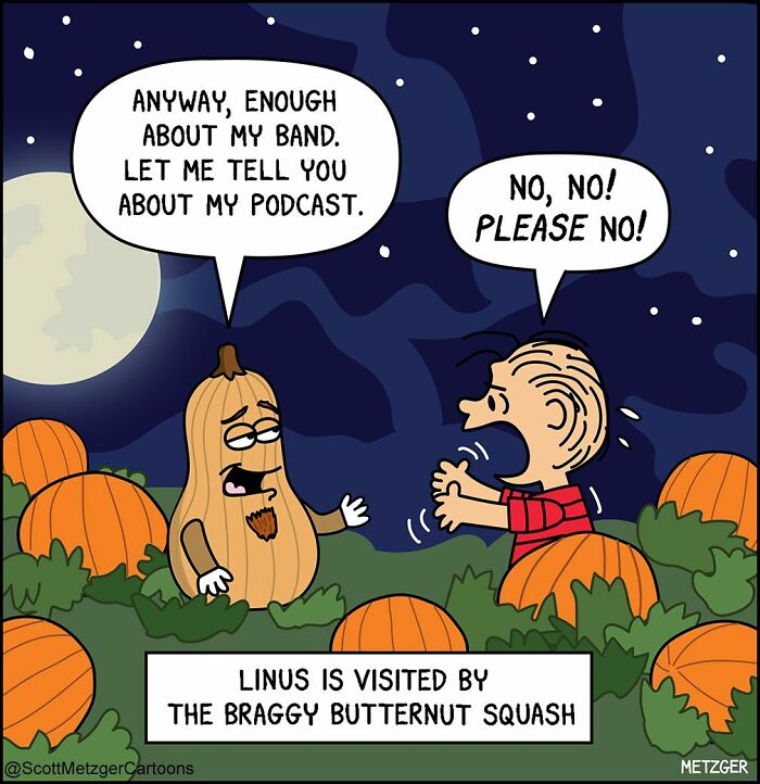 Comic depicting a humorous moment in a comic about sharing a home with cats and dogs, featuring Linus and a squash.